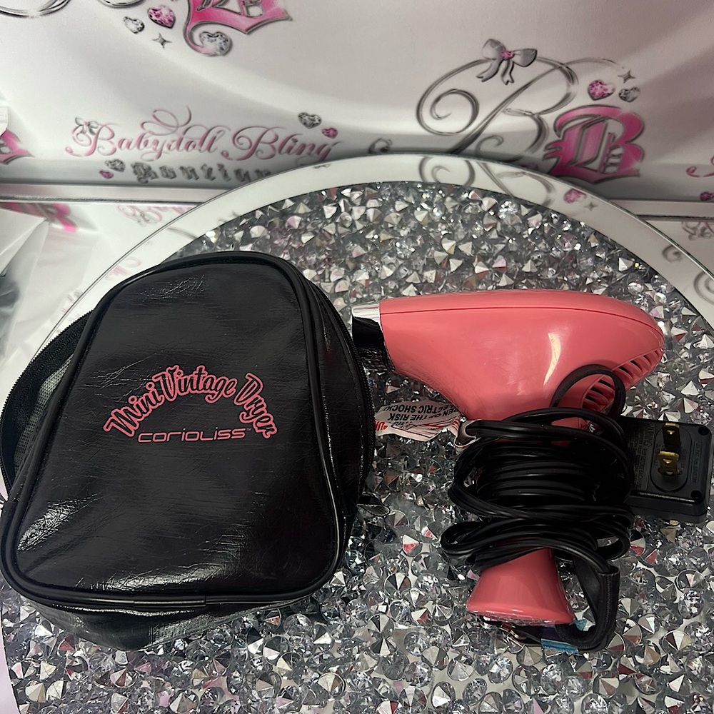 Travel hair dryer mini vintage style pink black silver with carry bag case y2k